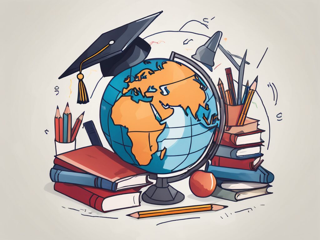 A globe surrounded by various educational tools like books