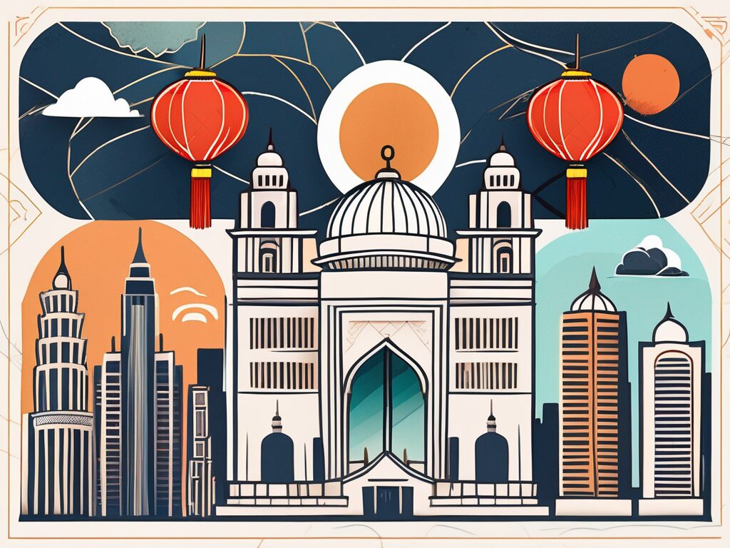 A diverse set of cultural symbols (like a chinese lantern