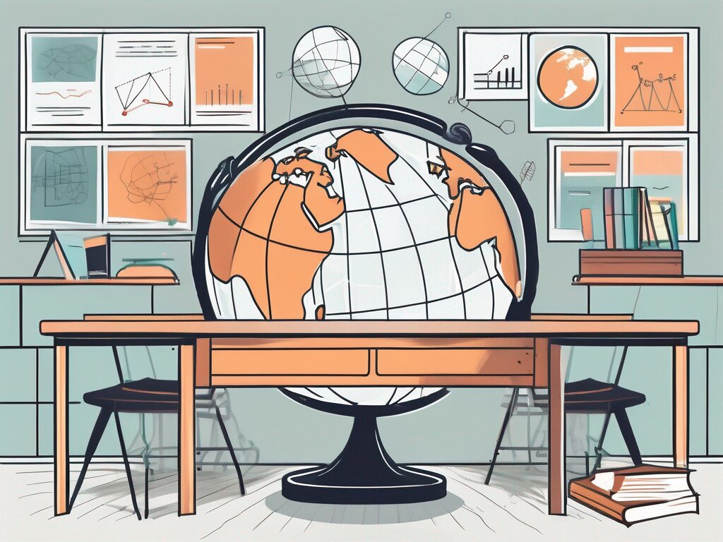 A singaporean classroom setting with various educational tools and symbols like a globe