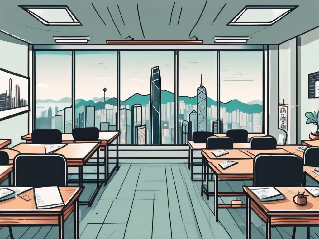 A classroom setting with iconic hong kong cityscape in the background