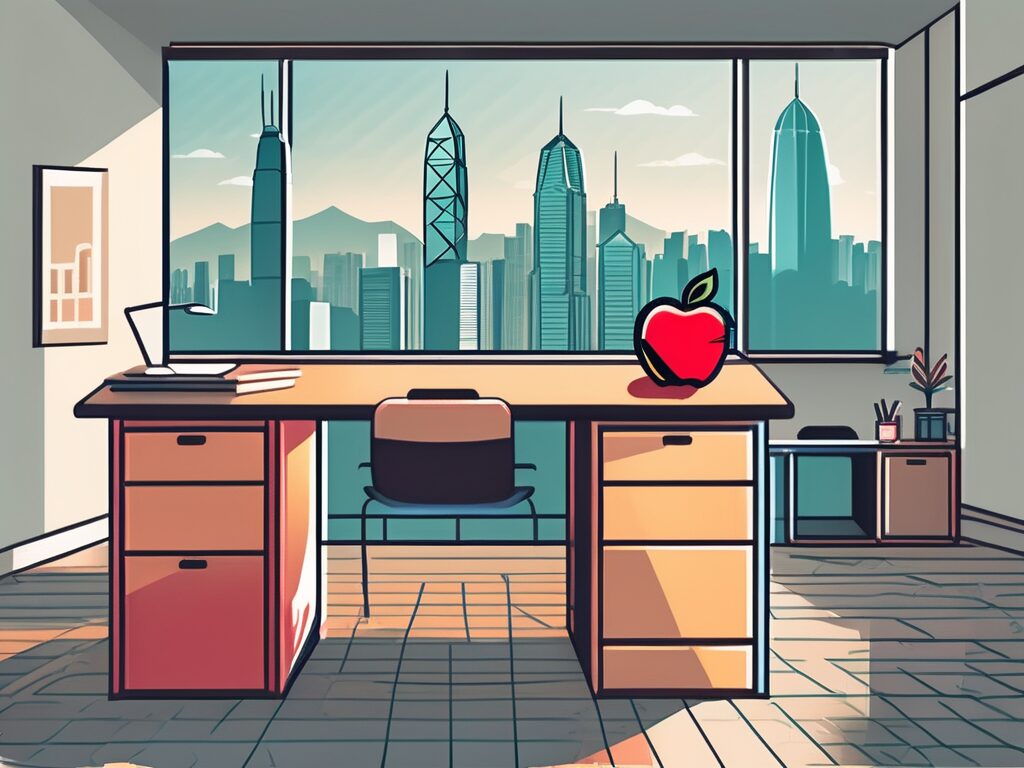 A vibrant classroom setting in hong kong with various teaching aids and an apple on the teacher's desk