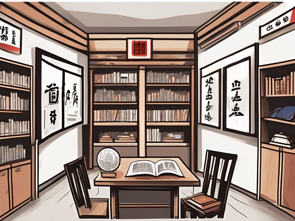 A classroom setting in china with a few symbolic elements representing challenges such as a language barrier (represented by a broken speech bubble)