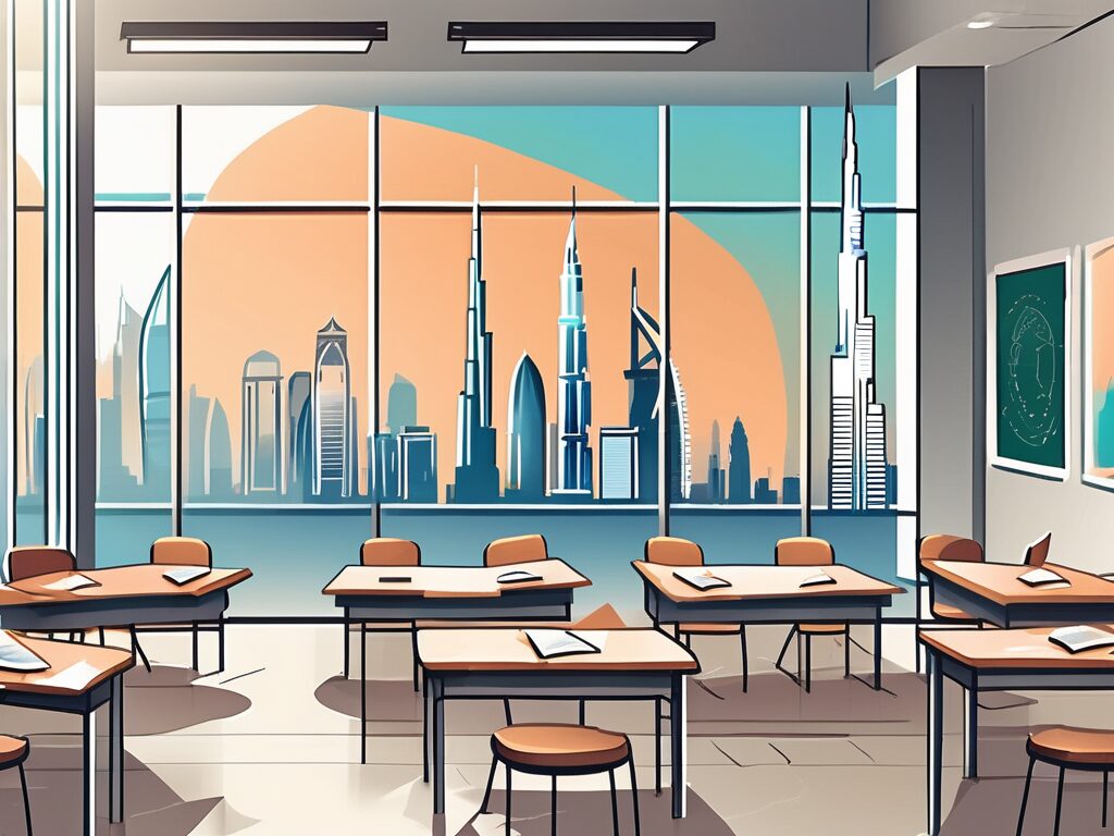 A classroom setting with a view of dubai's skyline in the background