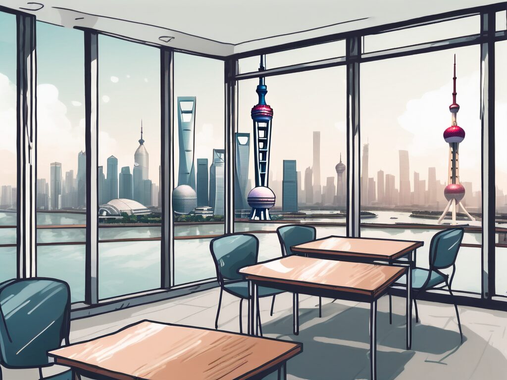 A modern classroom setting with a view of shanghai's skyline