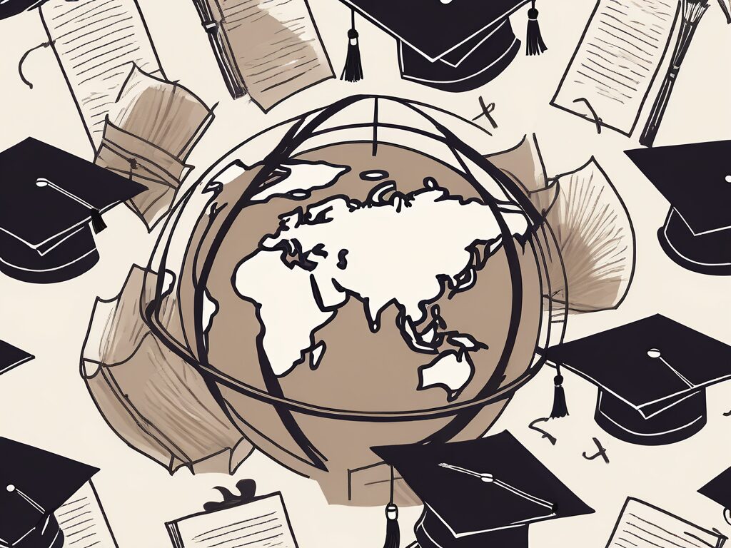 A globe surrounded by graduation caps and diplomas