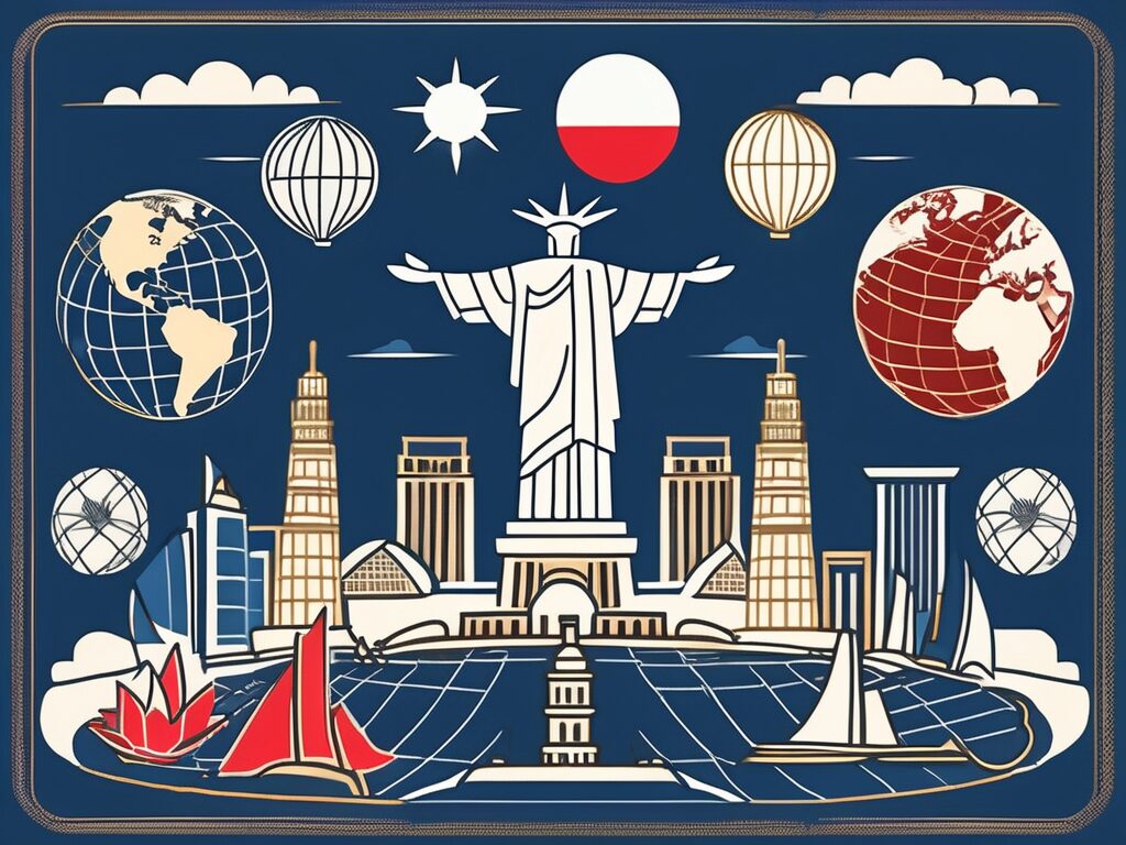 A globe surrounded by various international landmarks