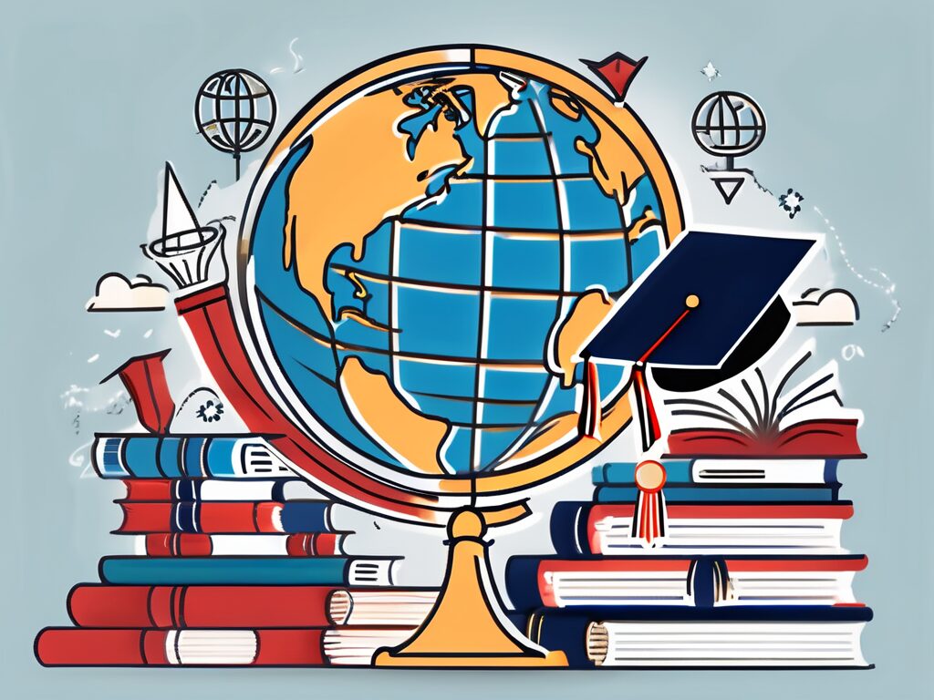A globe with various educational icons