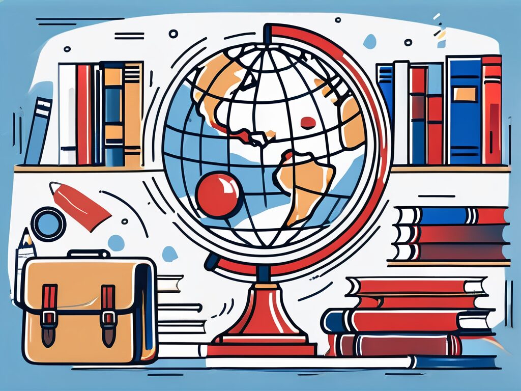 A globe with various school-related items like books