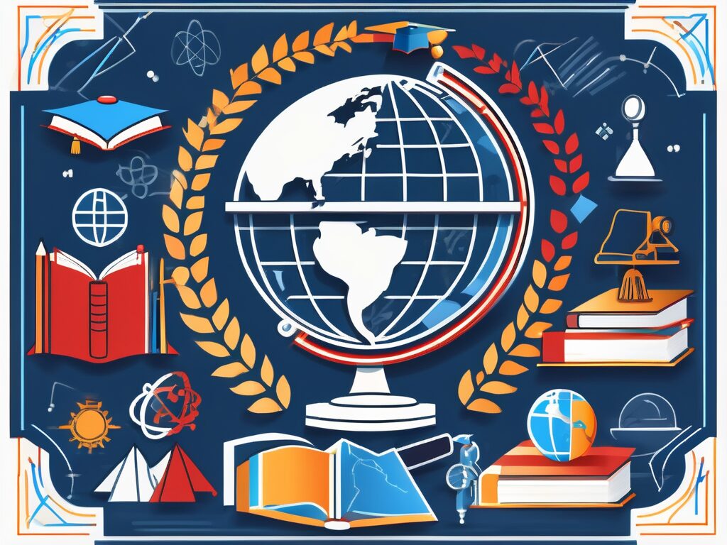 A globe surrounded by various educational symbols such as a graduation cap
