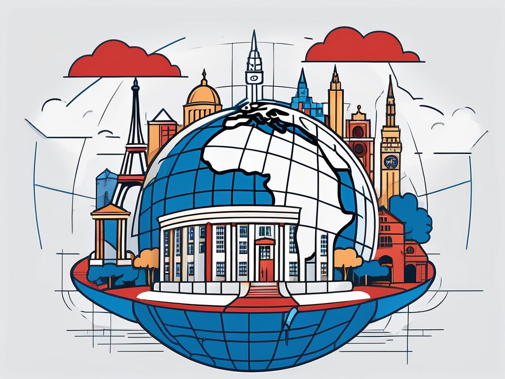 A globe with various iconic landmarks from around the world