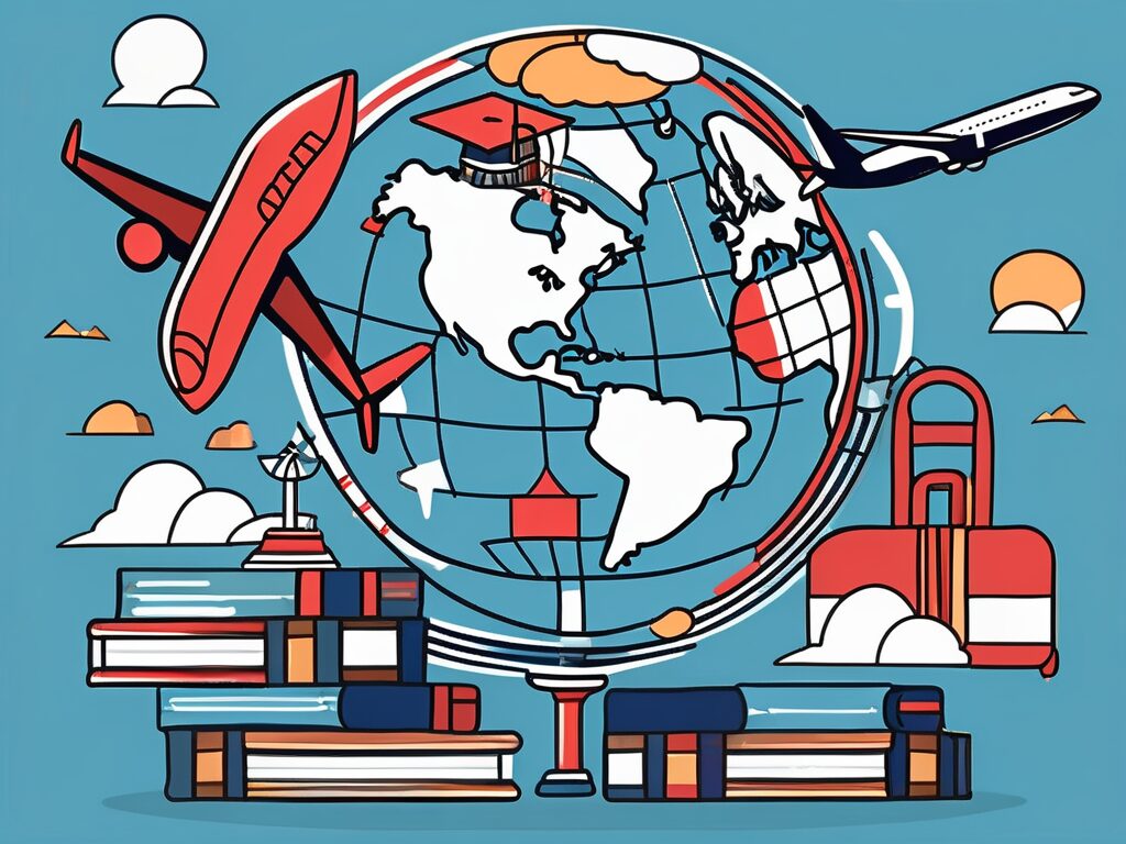 A globe with various symbolic icons like books