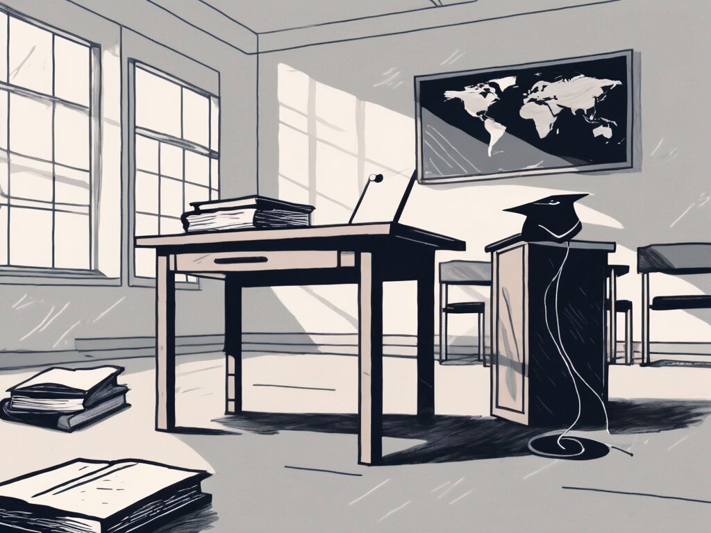 A classroom setting with a teacher's desk