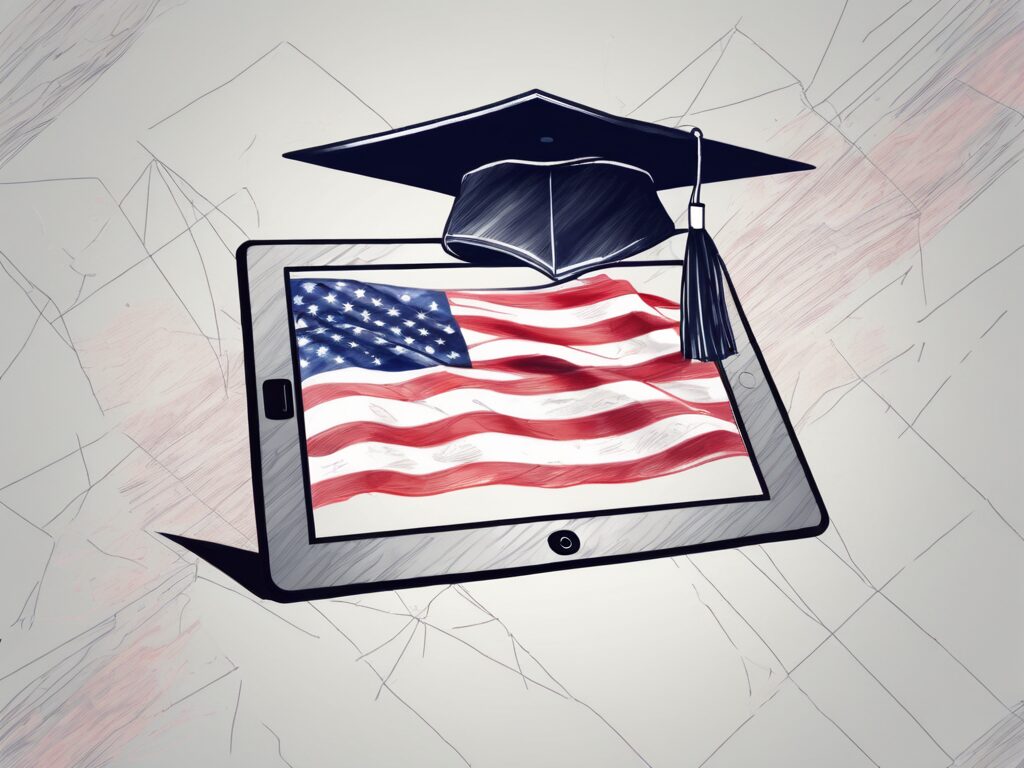 A classroom setting with an american flag and a digital tablet displaying a graduation cap