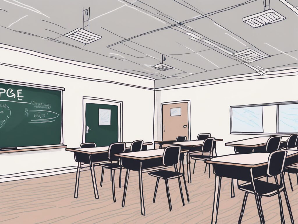 A classroom setting with a chalkboard displaying the acronyms pgce and qts