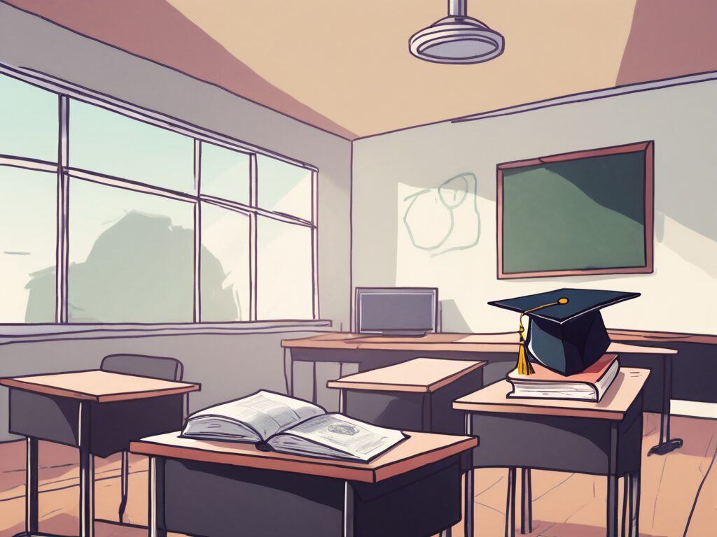 A classroom setting in the uk with an empty teacher's desk