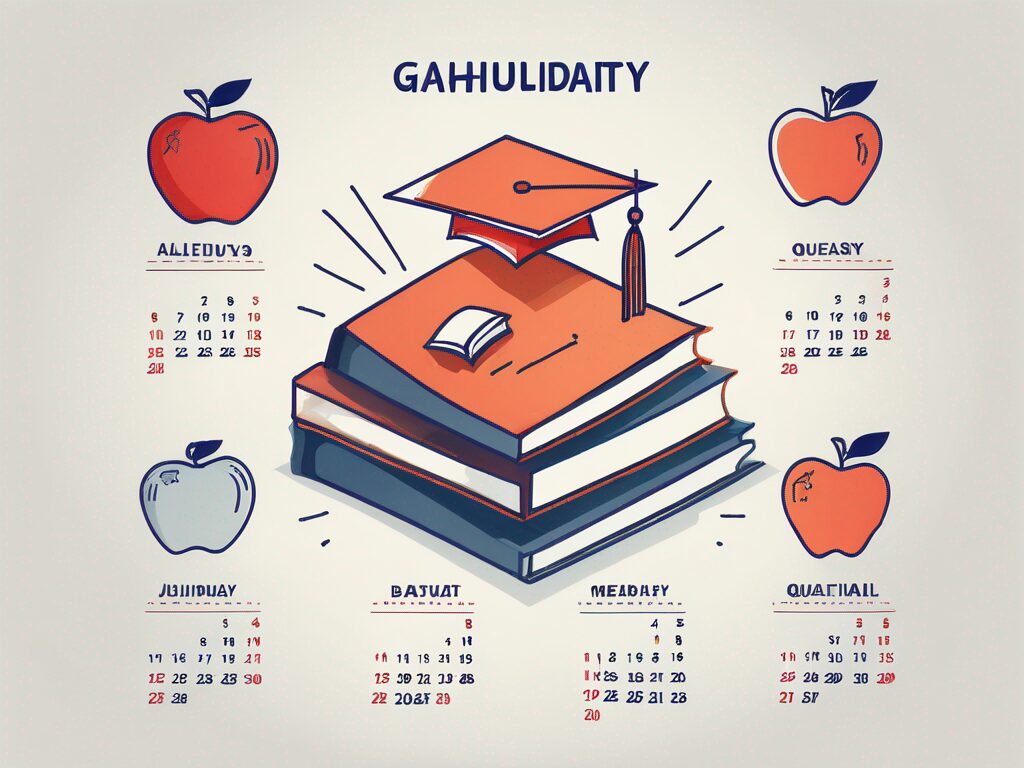 A calendar with various educational icons such as a graduation cap