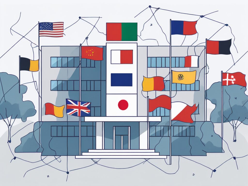 A school building with various international flags fluttering in the wind