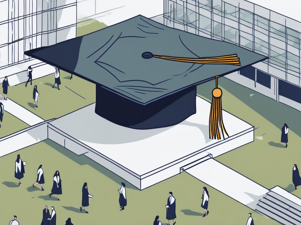 The university of east london's campus with a graduation cap floating above it