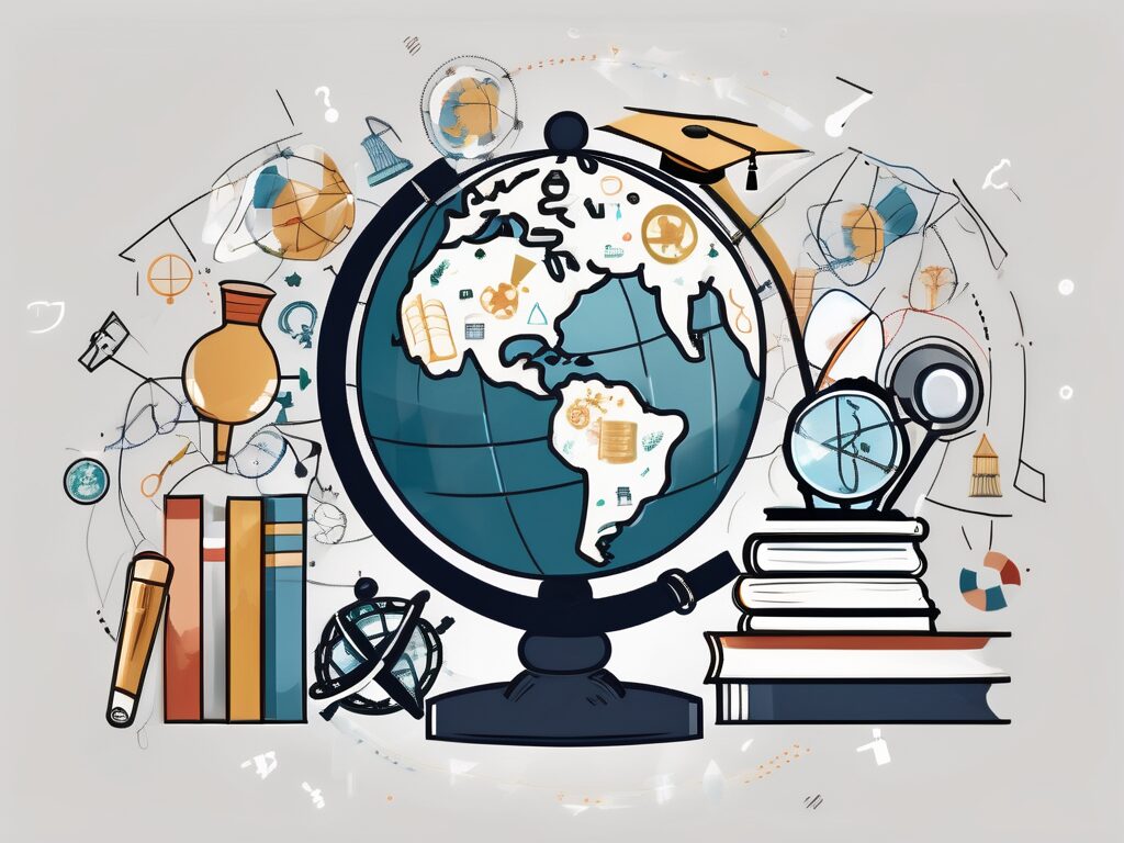 A globe surrounded by various educational symbols like books