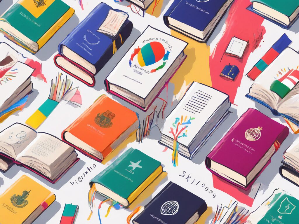 A diverse collection of books with colorful bookmarks and highlighters