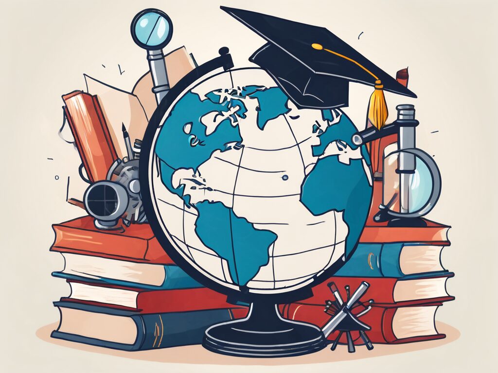A globe surrounded by various educational tools like books