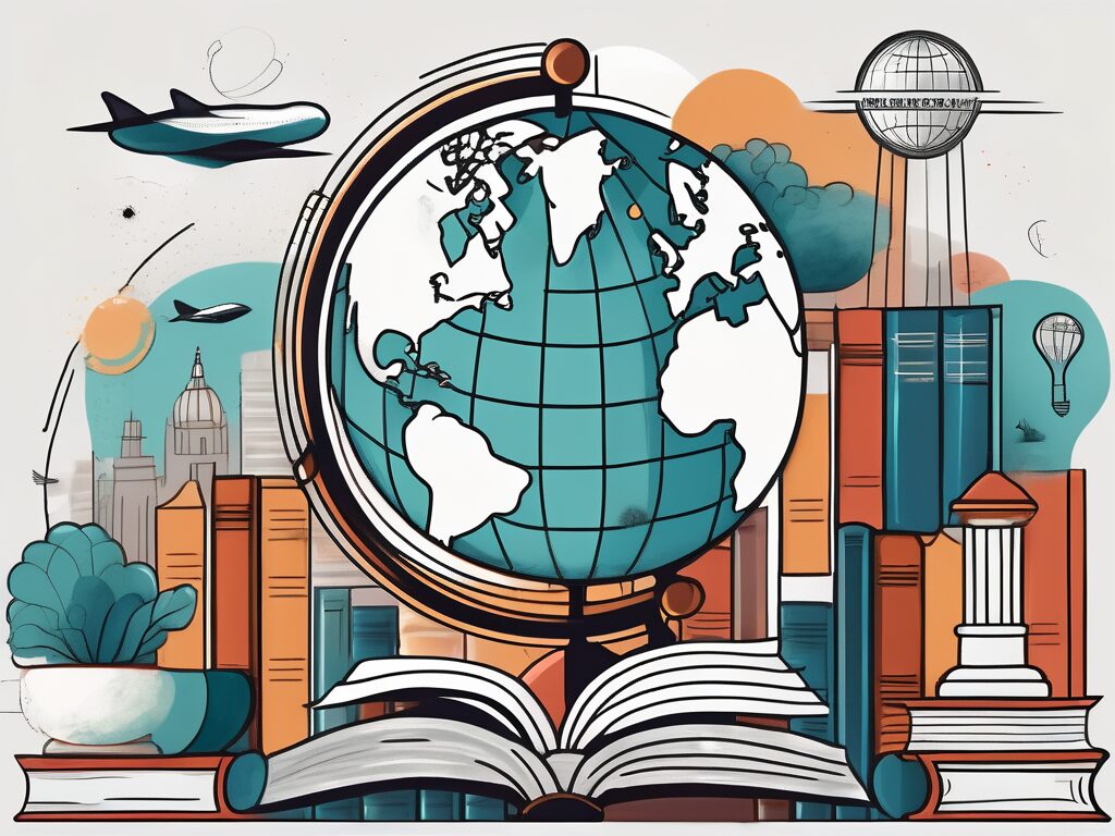 A globe with various iconic landmarks