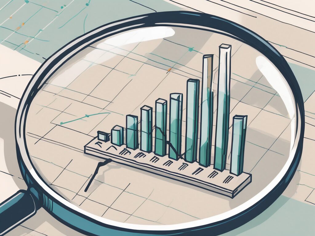 A magnifying glass hovering over a bar graph that represents multiple choice test results