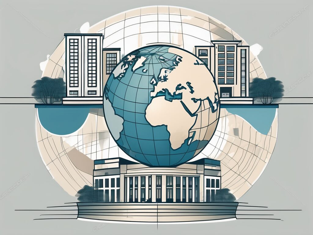A globe surrounded by various international school buildings