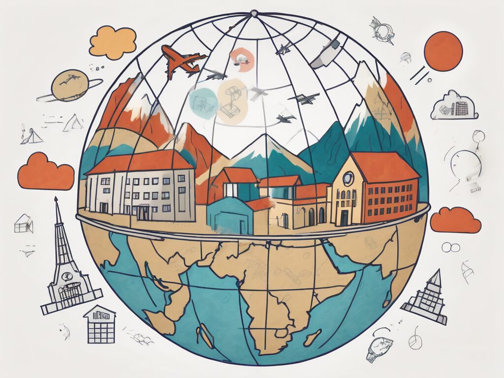 A globe with various school buildings from different cultures
