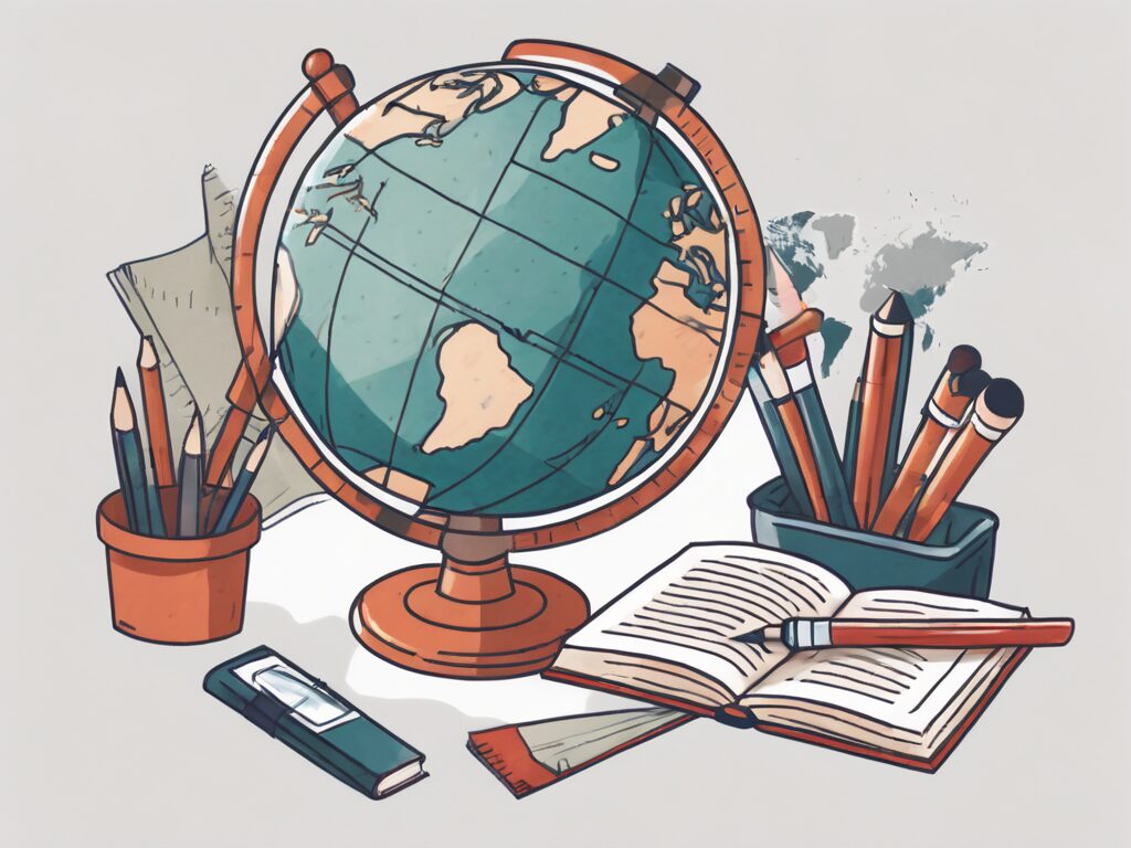A globe with various educational tools like a magnifying glass