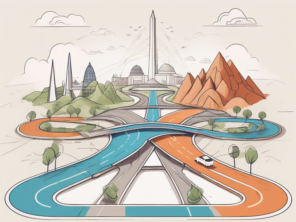Various educational pathways represented as roads diverging from a central point