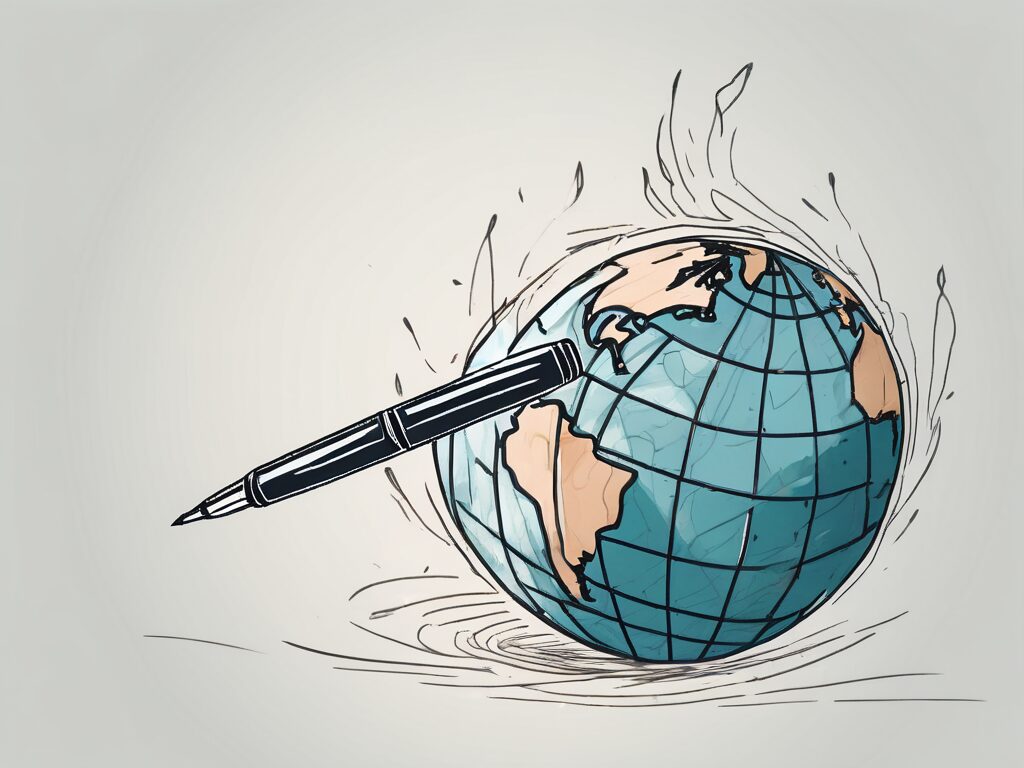 A powerful pen symbolically breaking through a globe
