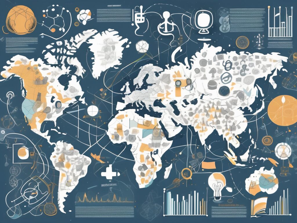 A global map dotted with symbols of various creative disciplines like music