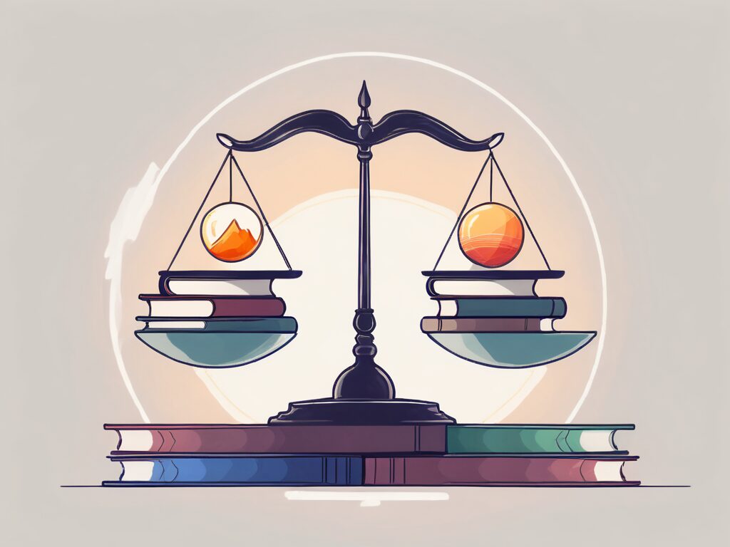 A balanced scale with books on one side representing teaching demands and various international landmarks on the other side representing international schools