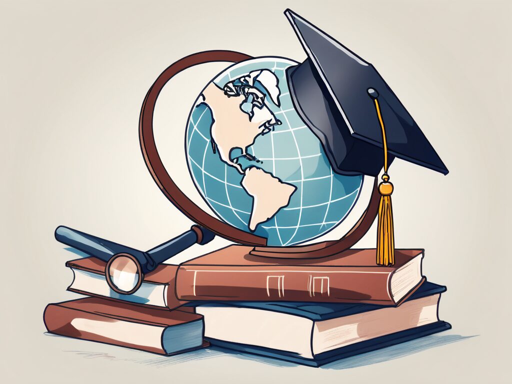 A diverse set of educational tools such as a magnifying glass over a globe