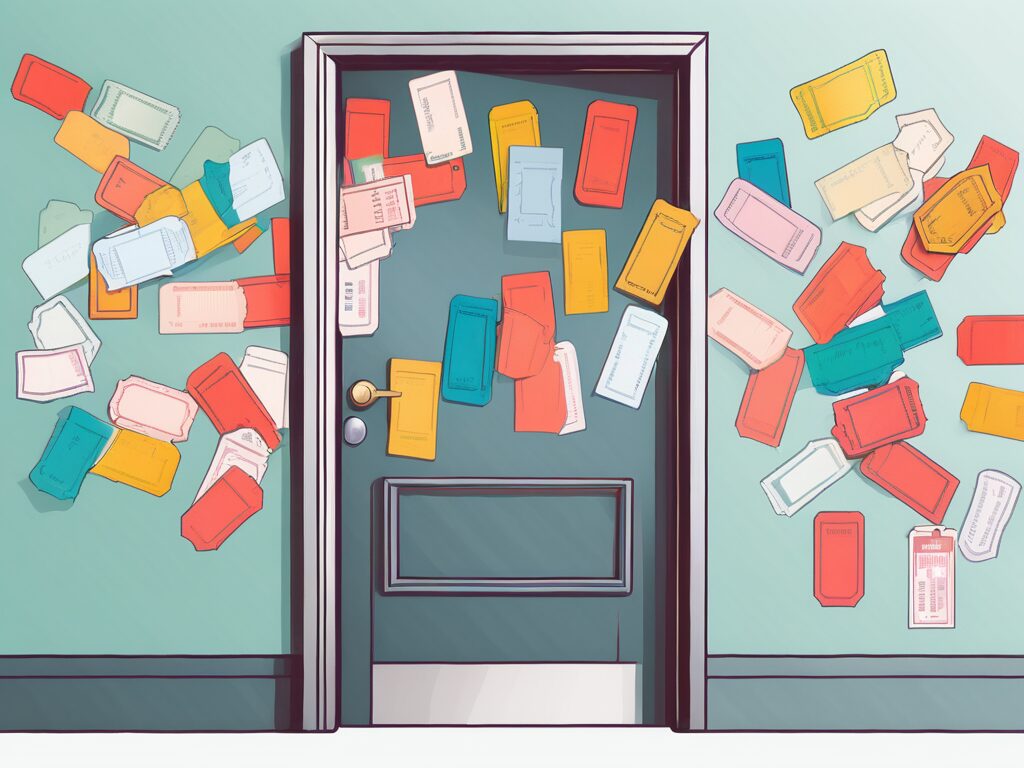 A classroom door slightly ajar with various types of colorful tickets flowing out