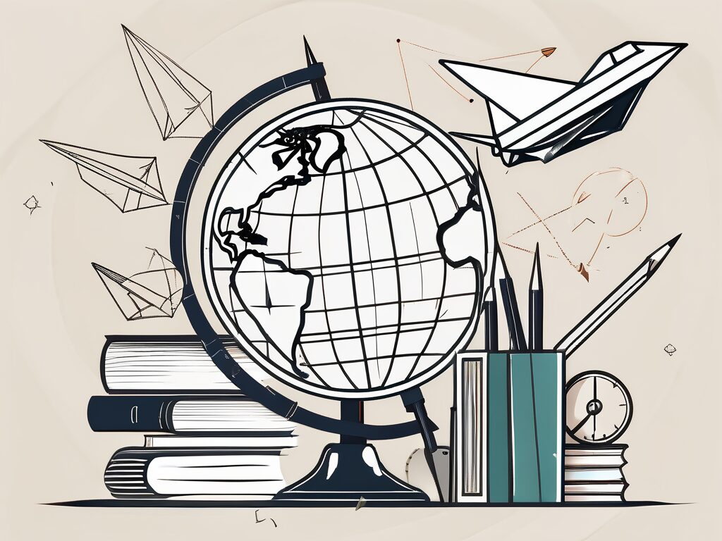 A globe surrounded by various educational tools like a ruler