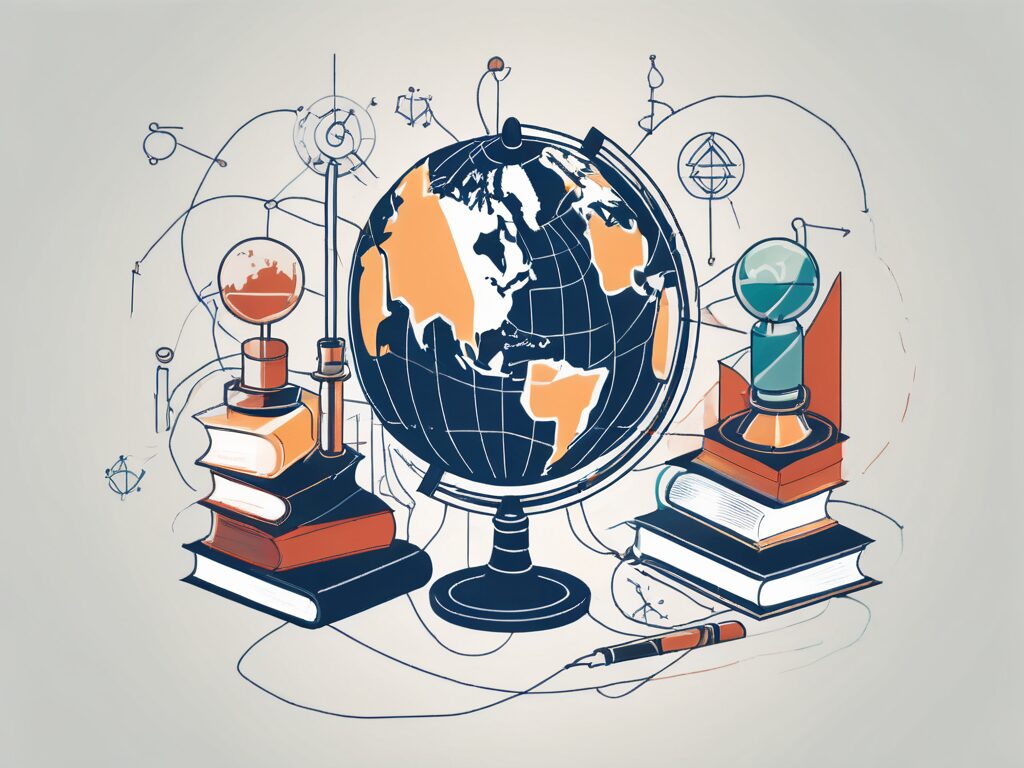A globe with various educational symbols like books