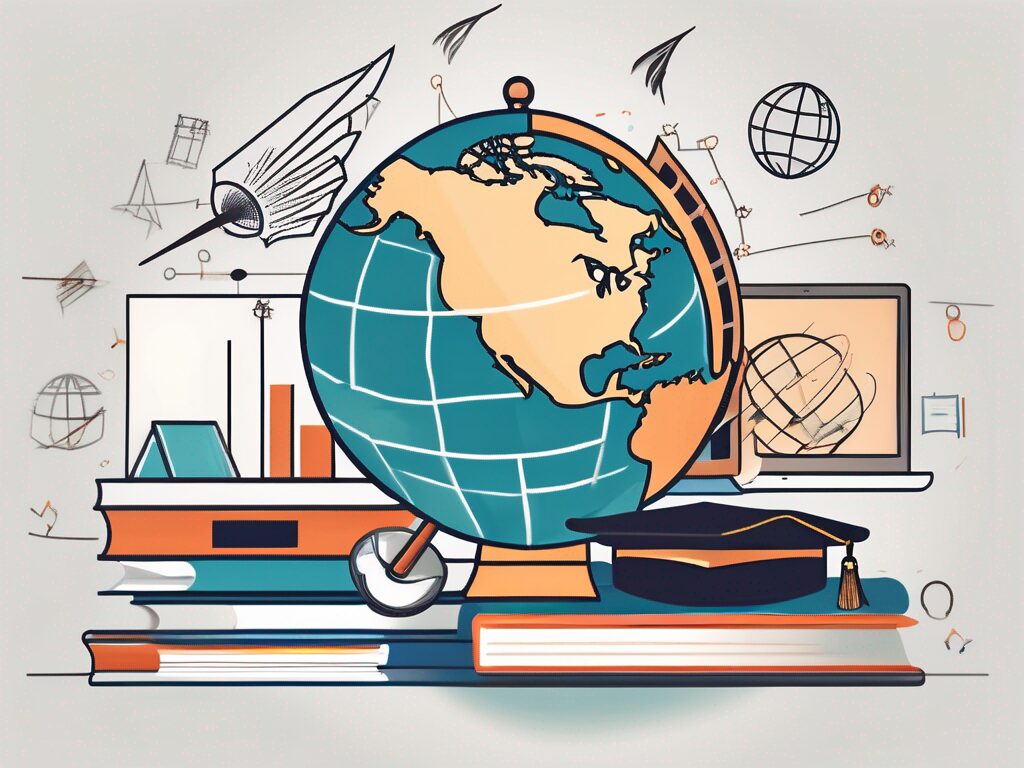 A globe surrounded by various symbols of international education like books