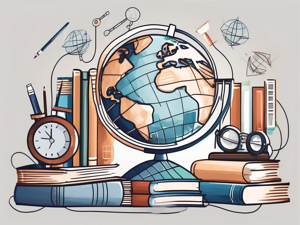 A globe surrounded by various educational tools such as books