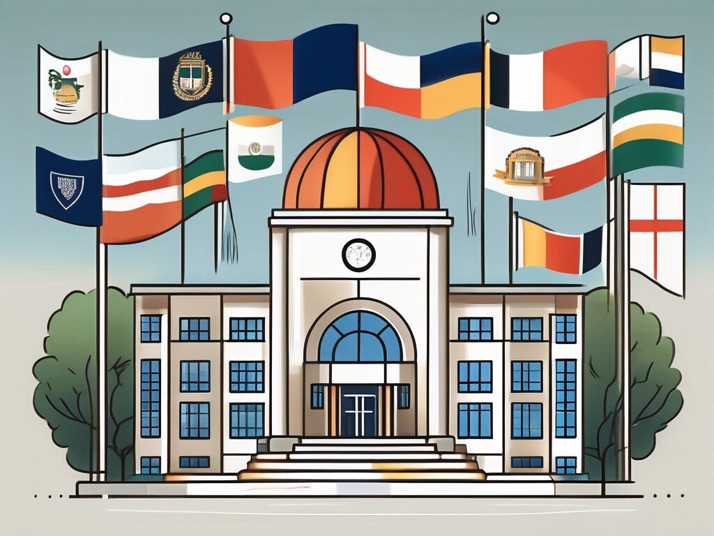 A variety of international school buildings with different flags