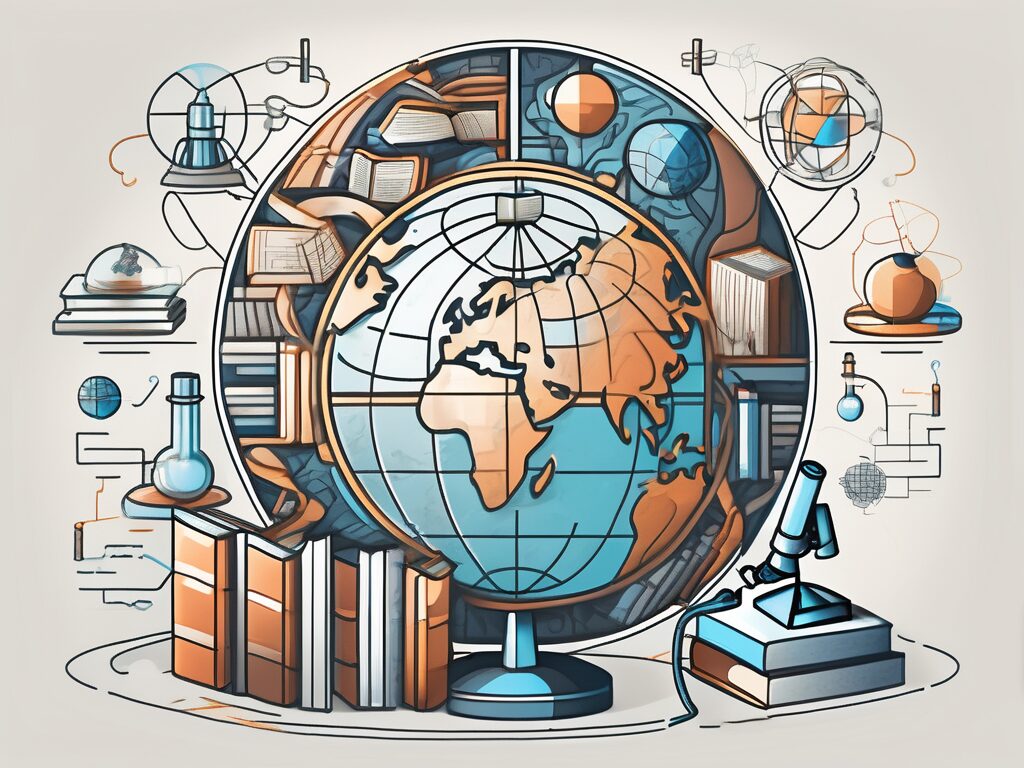 A globe with various iconic educational symbols like books