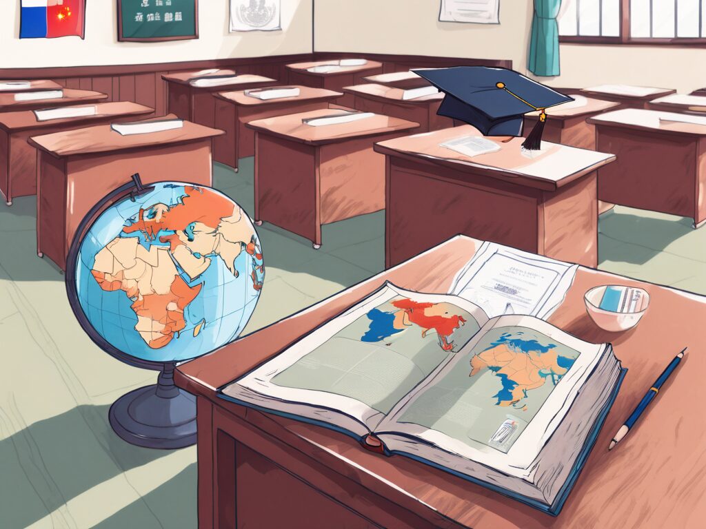 A classroom setting in china with an english textbook on the teacher's desk