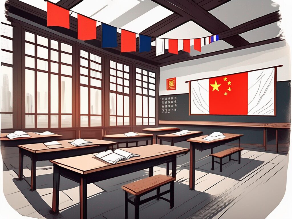A classroom setting with various international flags