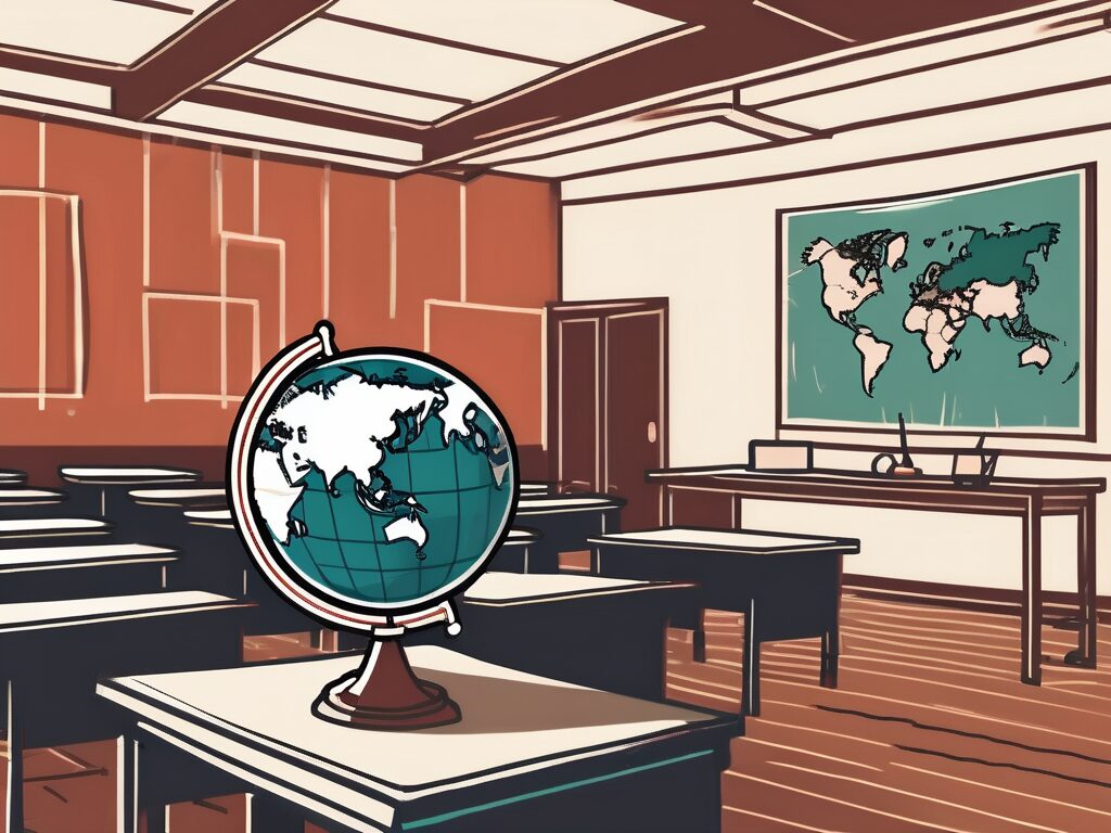 A classroom setting in china with a diploma and a globe in the foreground