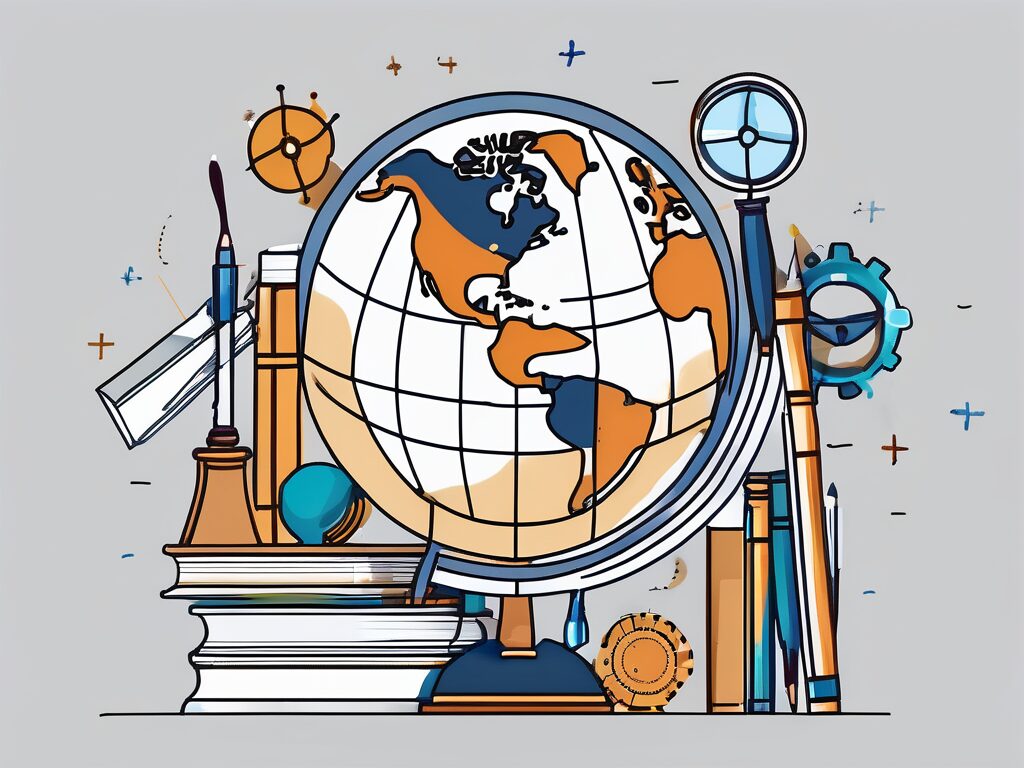 A globe surrounded by various educational tools like books