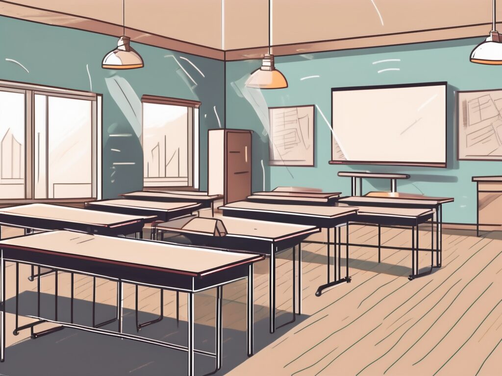 A classroom with english textbooks on the desks