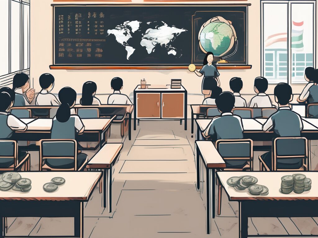 A classroom setting in china with a chalkboard