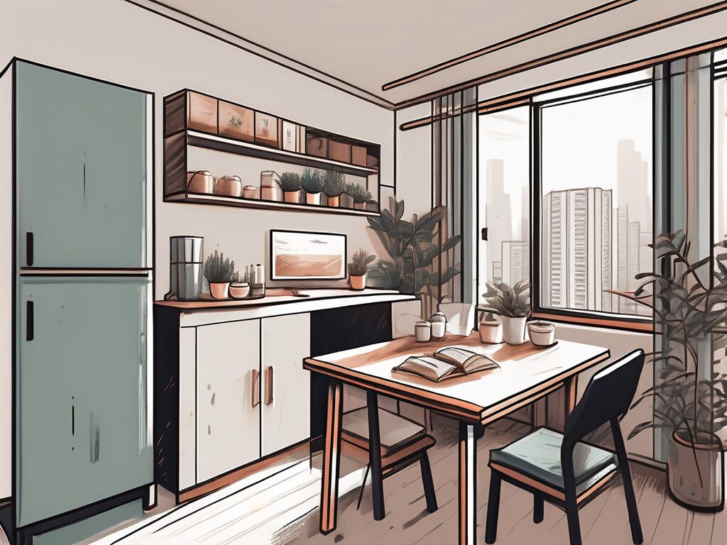 An apartment interior in china with a desk containing teaching materials and textbooks