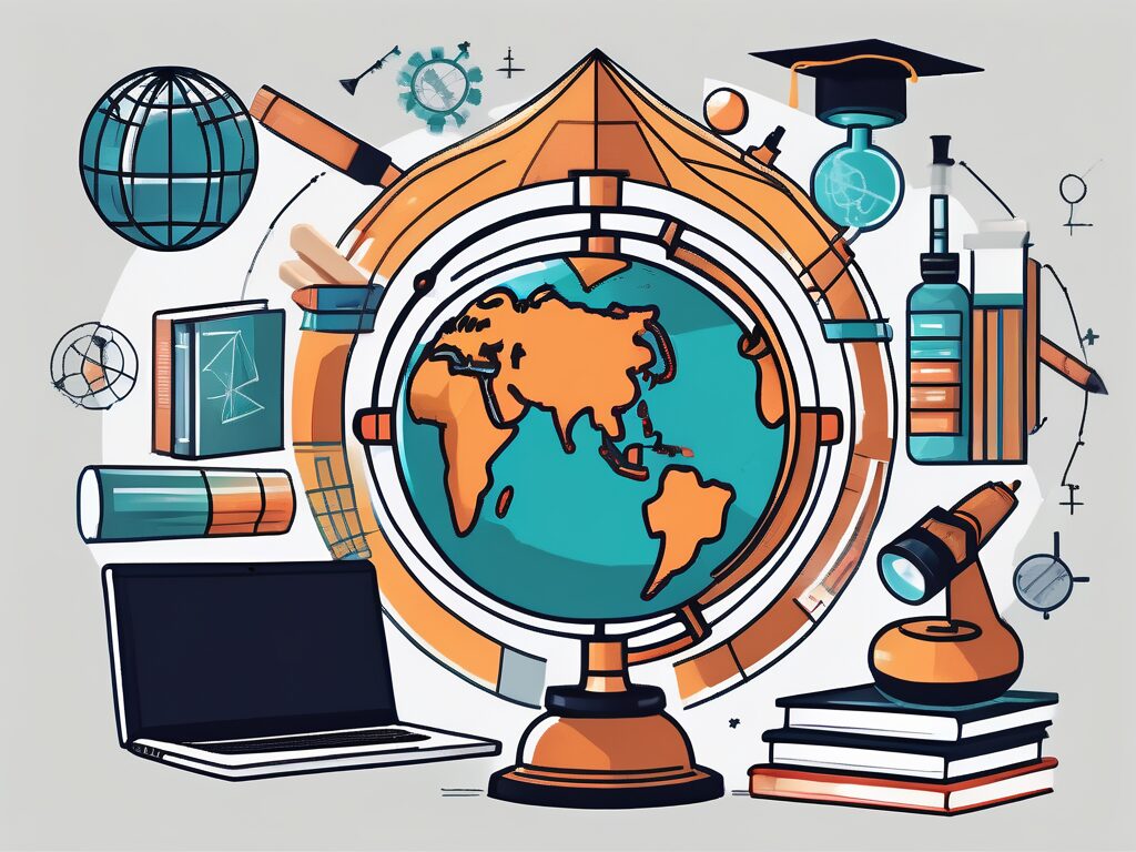A globe surrounded by various educational tools like books